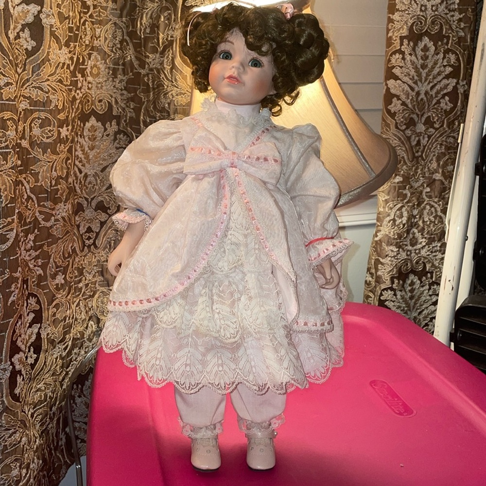 DOTTED SWISS/PINK 16” HOLIDAY DOLL